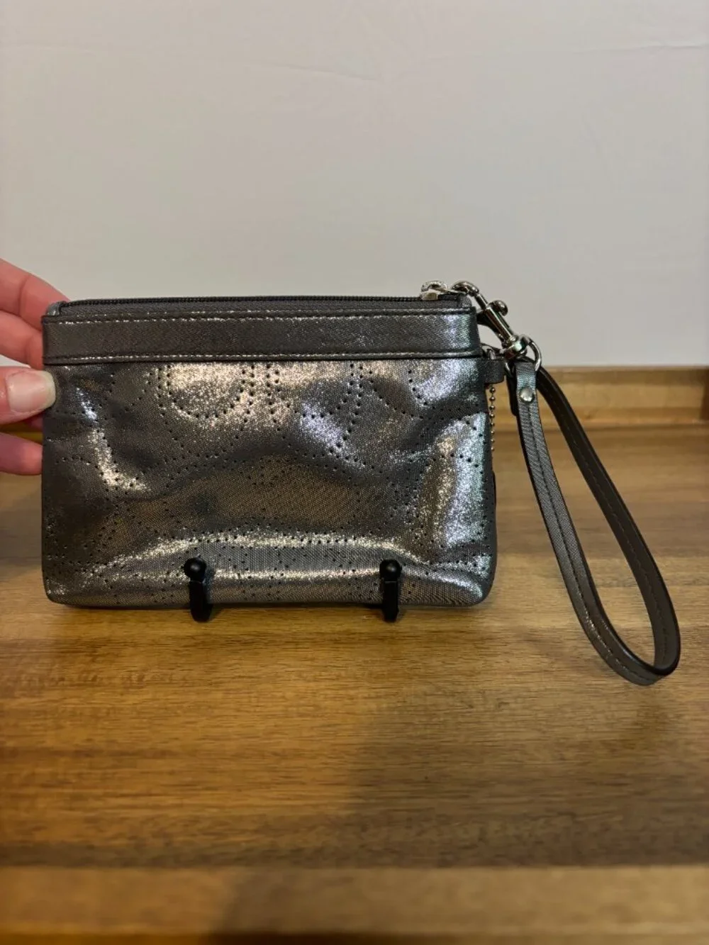 Coach Gunmetal Silver Metallic Perforated C Design Wristlet